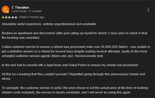 Blueground review on guest dissatisfaction with their experience at the property.