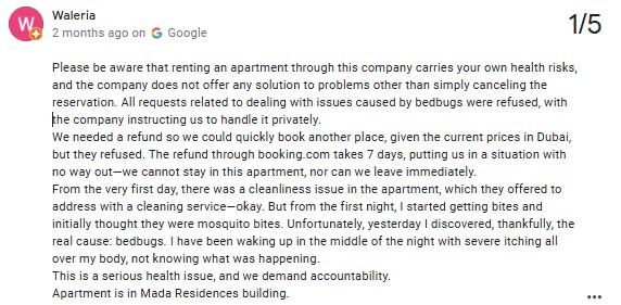 Guest review mentioning issues with bed bugs in a GuestReady-managed property.