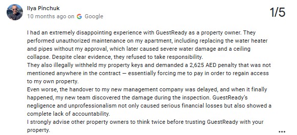 Property owner review advising other owners to think twice before handing their property to GuestReady.