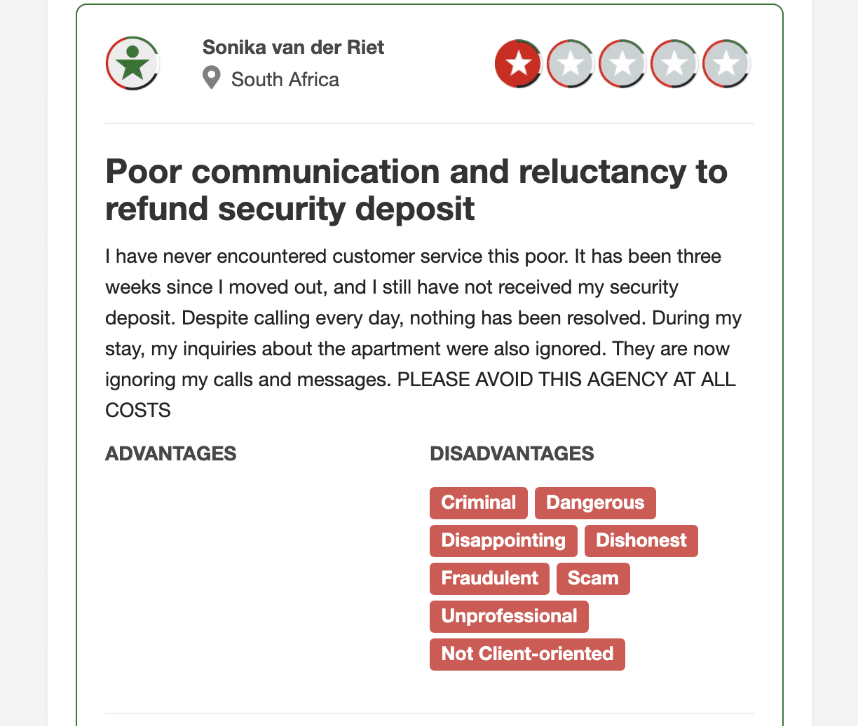 Image showing a negative review of Stonetree