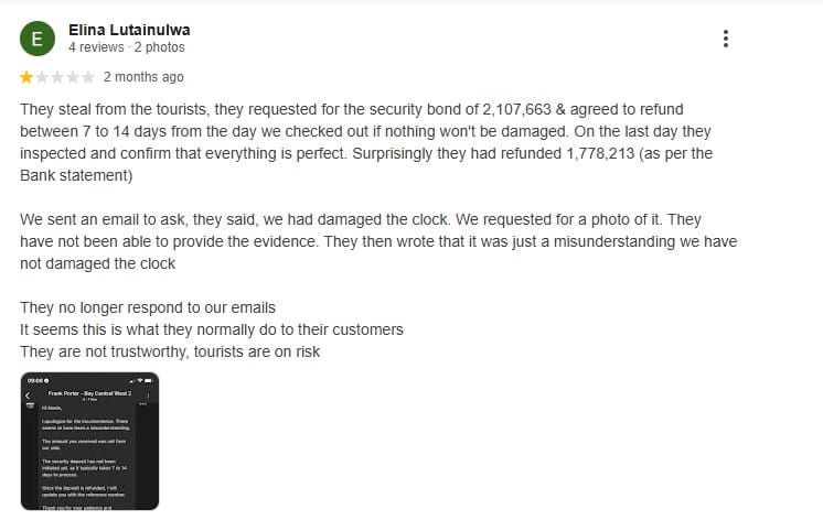 Screenshot of a guest reporting unexpected deductions and delayed responses from Frank Porter