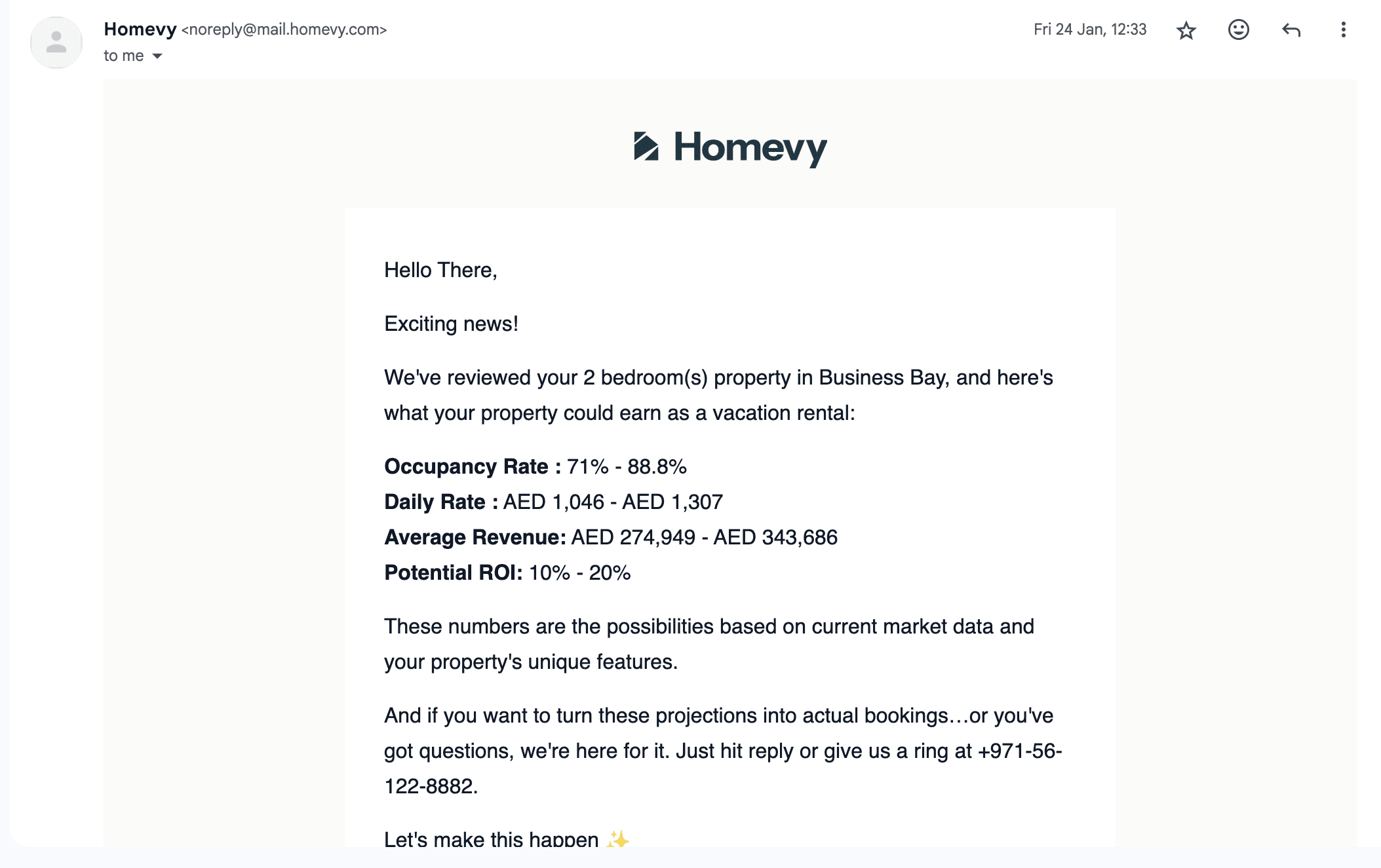 Screenshot of an email from Homevy's Airbnb income calculator showcasing rental income estimates for a property.