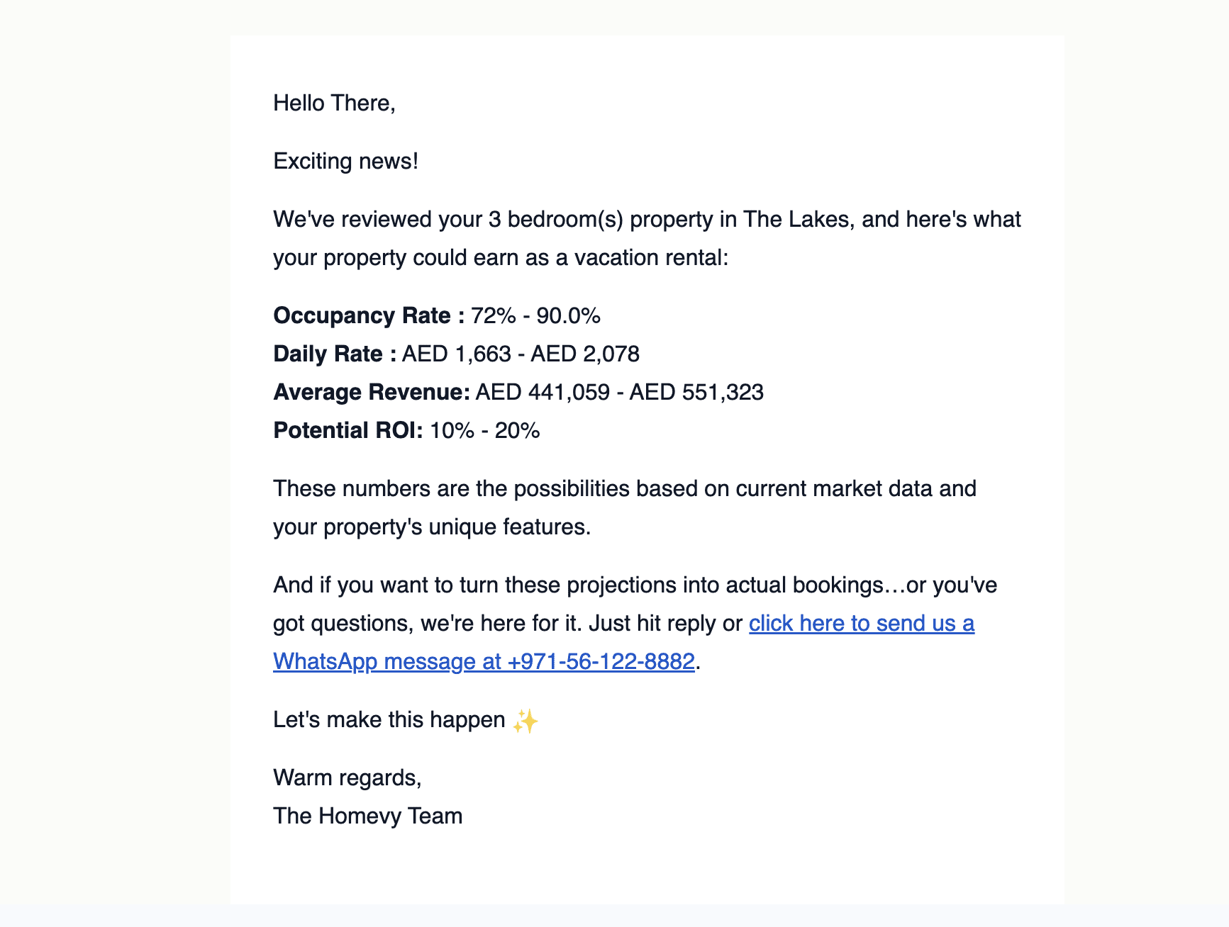 Results from Homevy's Airbnb calculator showing the potential ROI of a 3 bedroom property in The Lakes