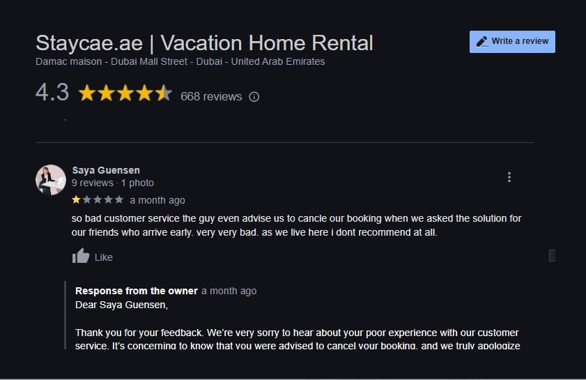 Screenshot of a guest sharing his experience on poor customer service.
