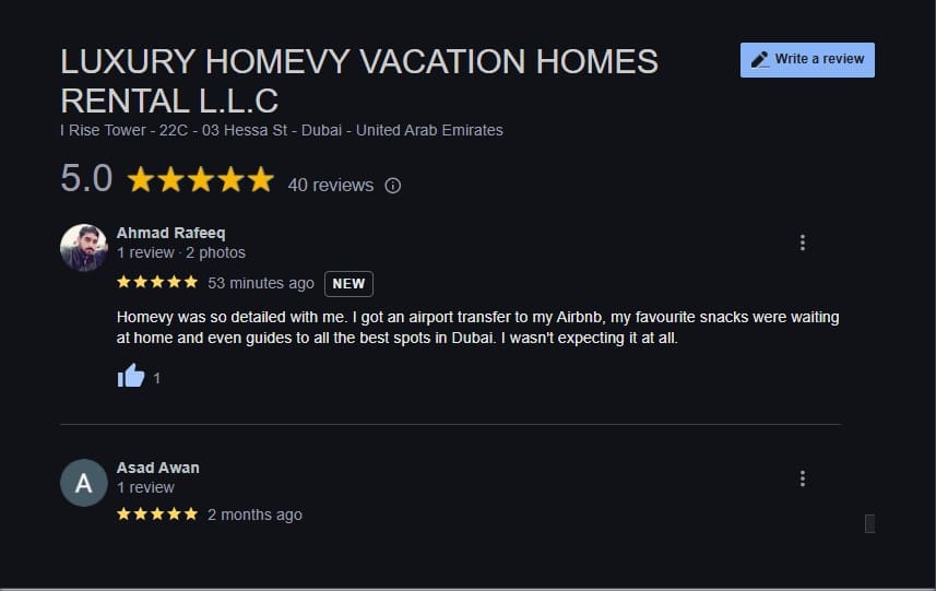 Screenshot of Homevy's guest review on its guest services.