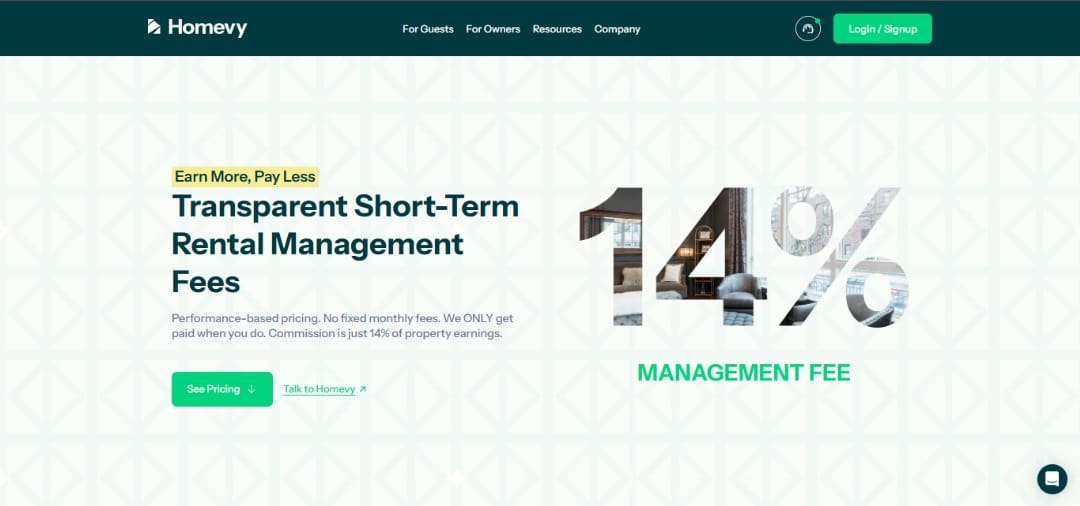 A screenshot showing Homevy's 14% management fee for short-term rental