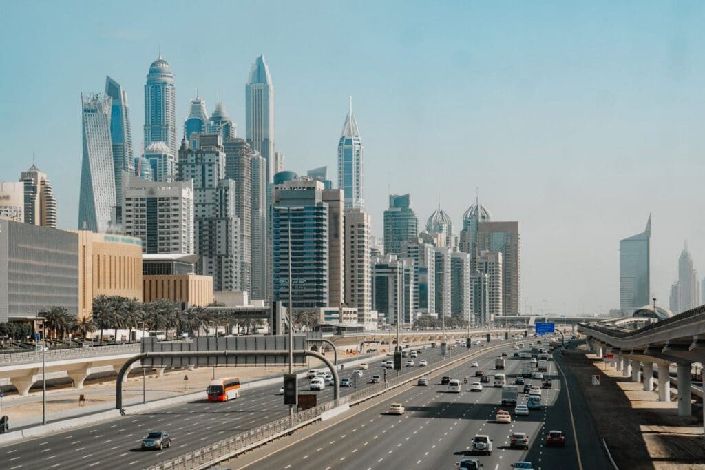 cars moving along a major road near Dubai International Financial Centre