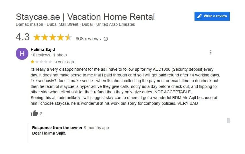 Screenshot of a guest review on security deposit