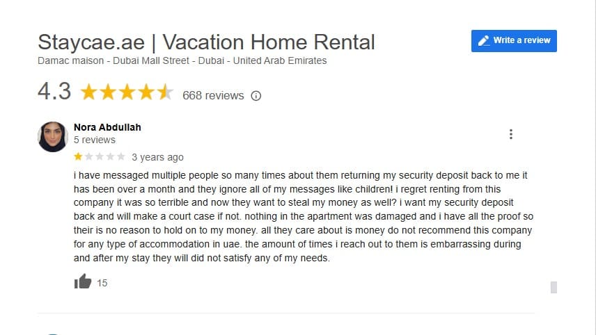 Homevy vs Staycae: a guest complaint on security deposit