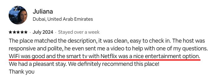 screenshot showing guest's review of the entertainment gadget setup