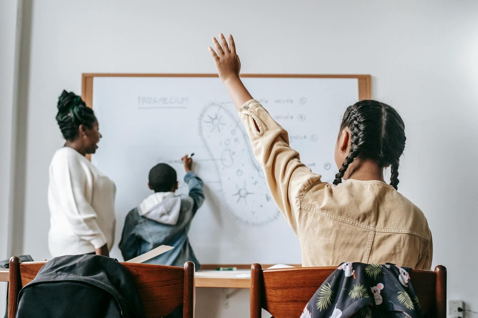 Photo showing a classroom with a teacher and students engaged in a lesson. 