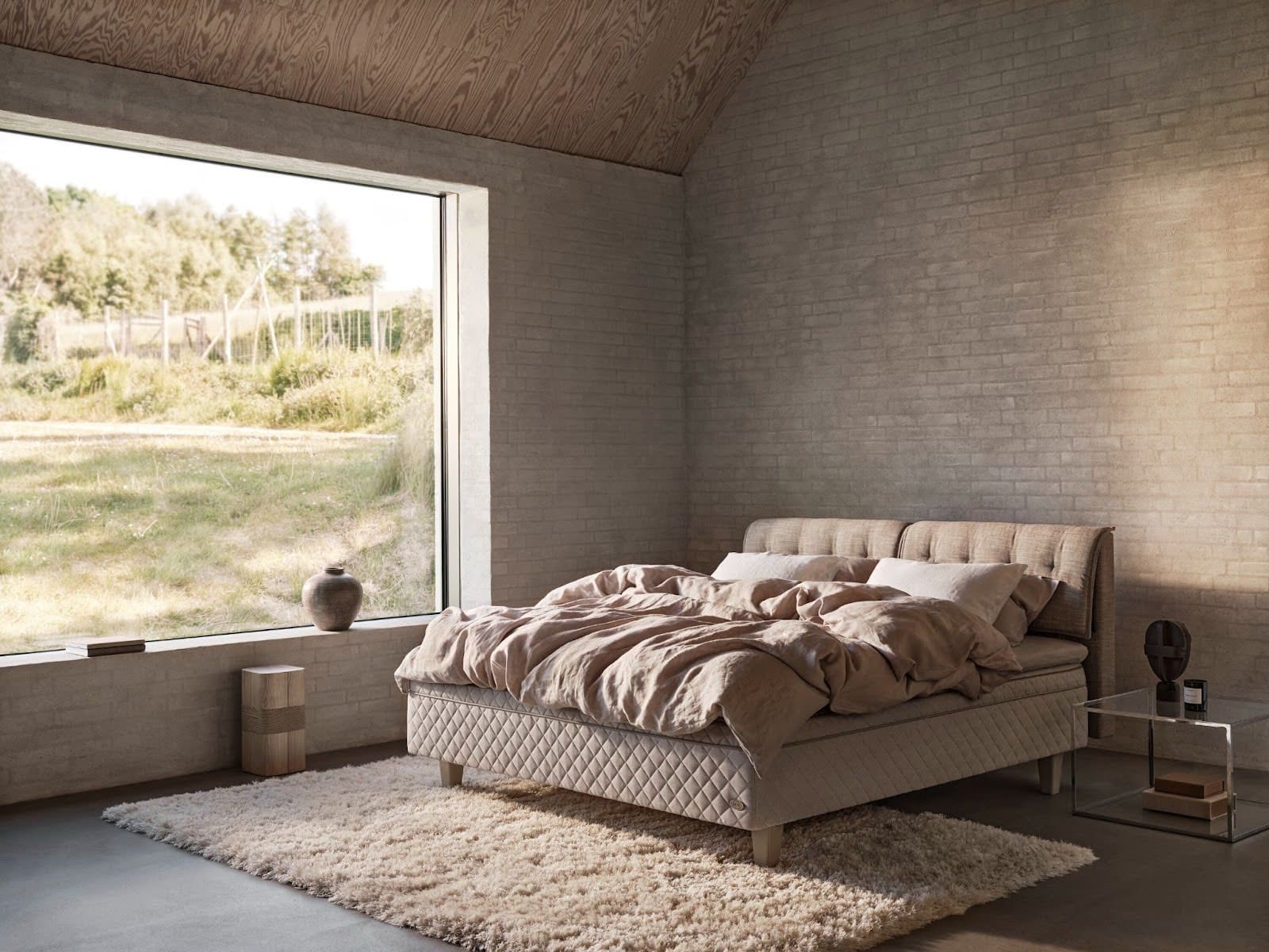Photo showing a Duxiana bed in a neutral toned room