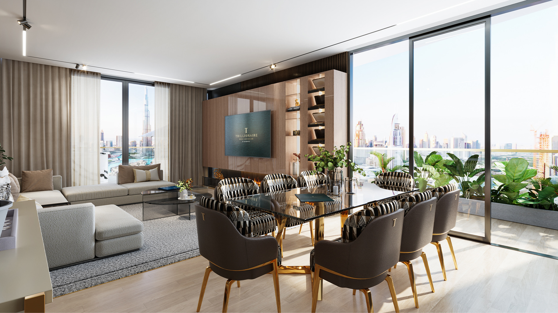 Open-plan living and dining room with floor-to-ceiling windows and a skyline view at Trillionaire Residences, Business Bay.