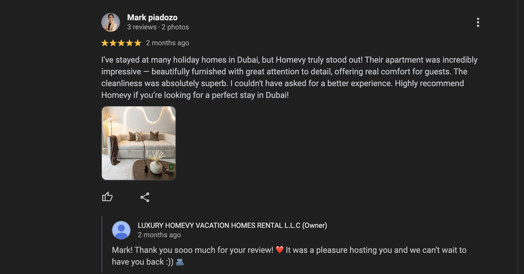 Image showing a Homevy guest review on Google