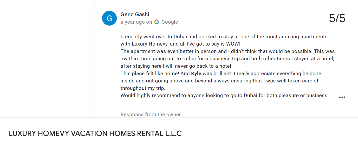 Positive Homevy guest review praising a comfortable Dubai apartment and attentive service