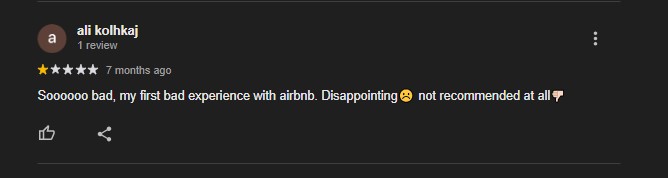 Screenshot of a dissatisfied Elite Lux Homes guest