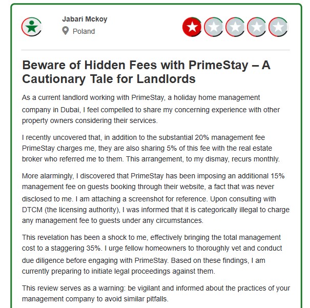 Screenshot of a property owner review - Homevy vs Primestay