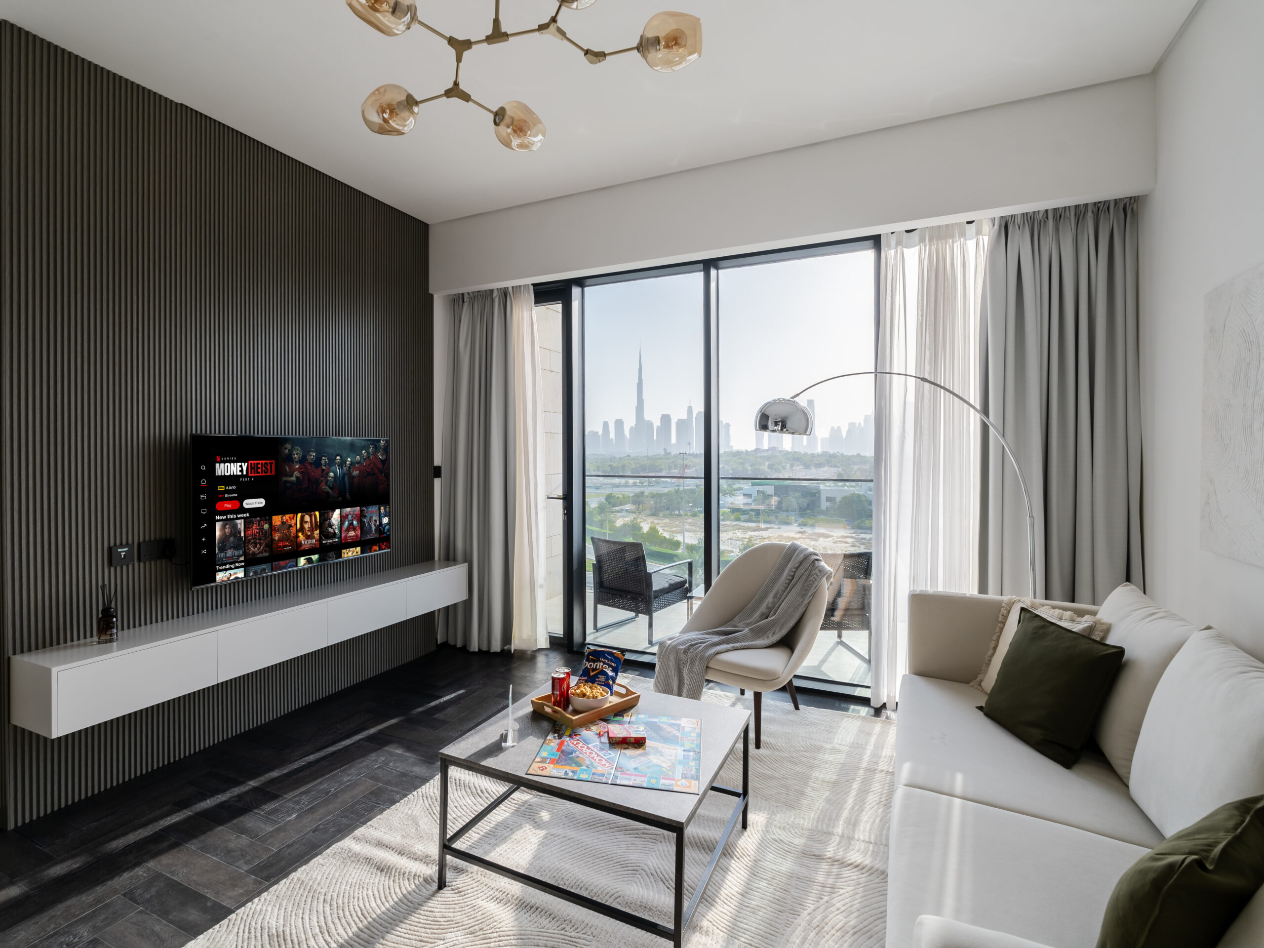 Modern sitting room setup with compact furniture in a Dubai apartment