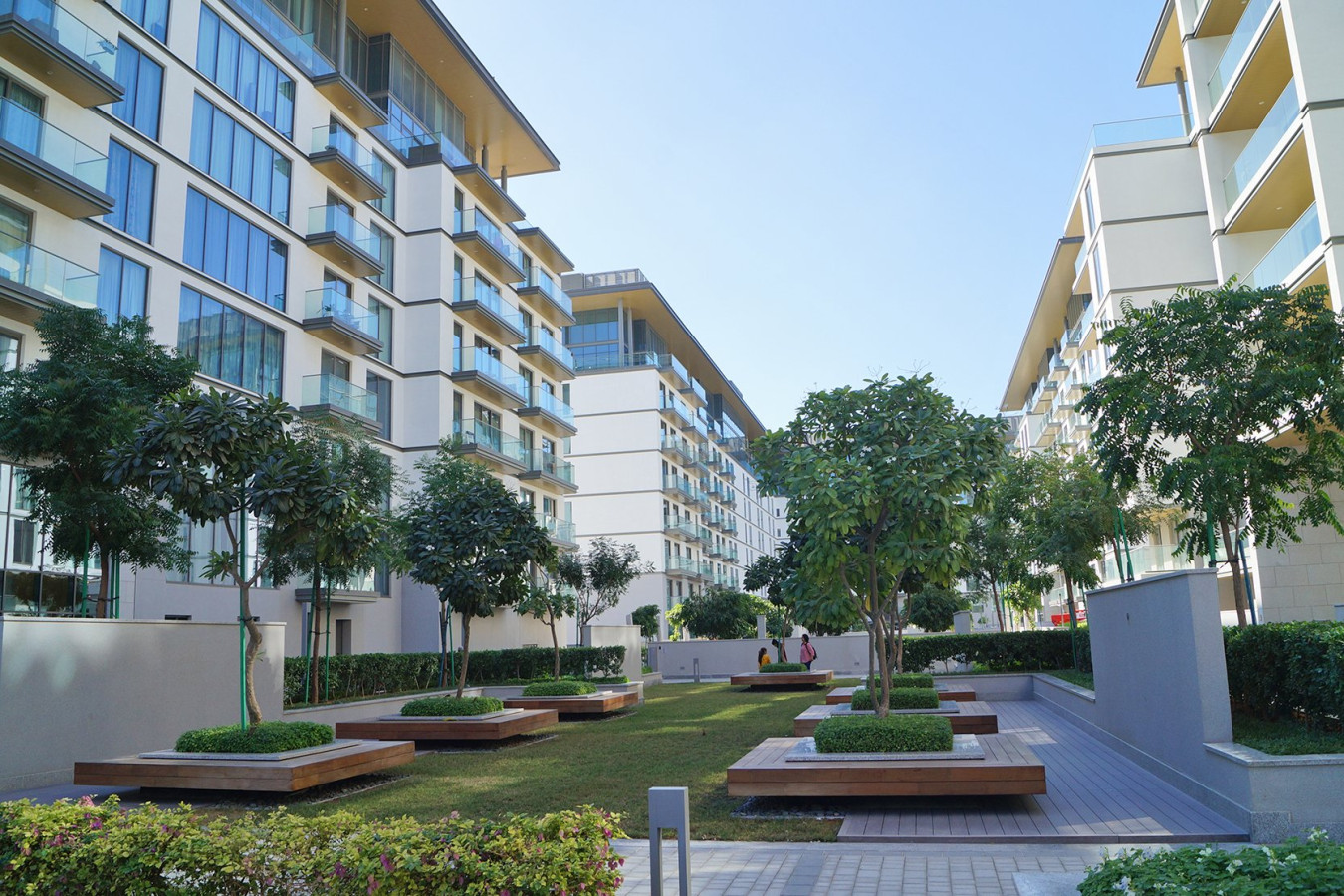 A full view of the greenery around the Sobha Hartland Dubai building 
