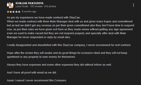 Unhappy guest review of staycae