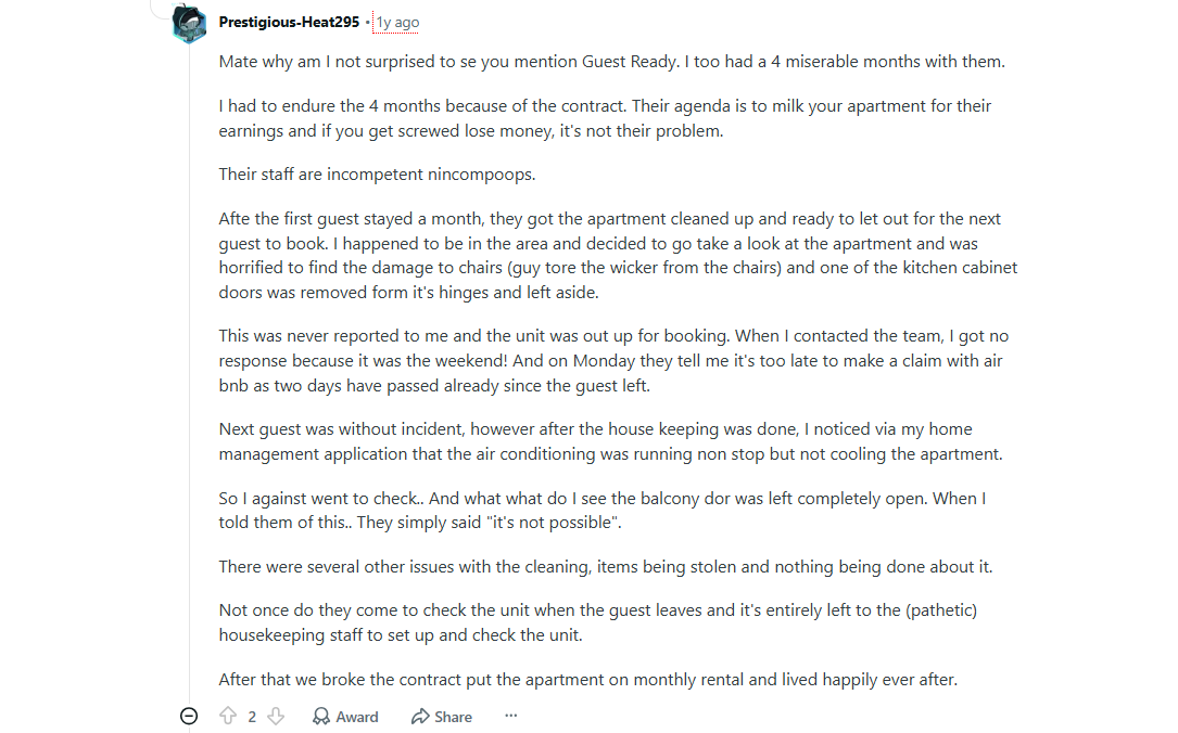 Image showing a Property owner's bad experience with Guestready