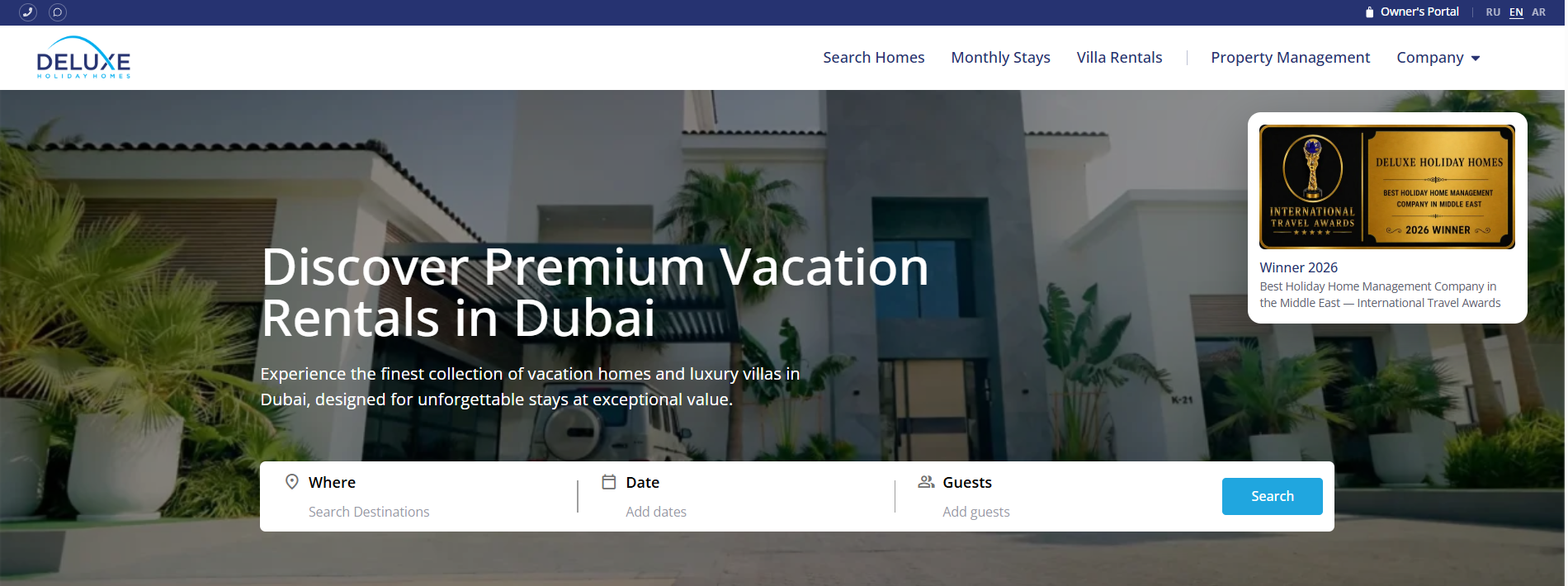 Deluxe Holiday Homes Dubai website homepage
