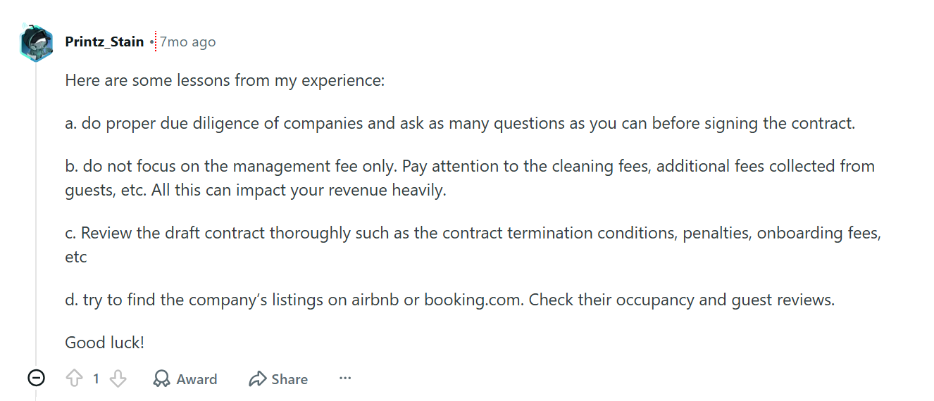 Reddit user sharing lessons from managing a property, including checking management fees, additional guest charges, contract terms, occupancy and guest reviews.