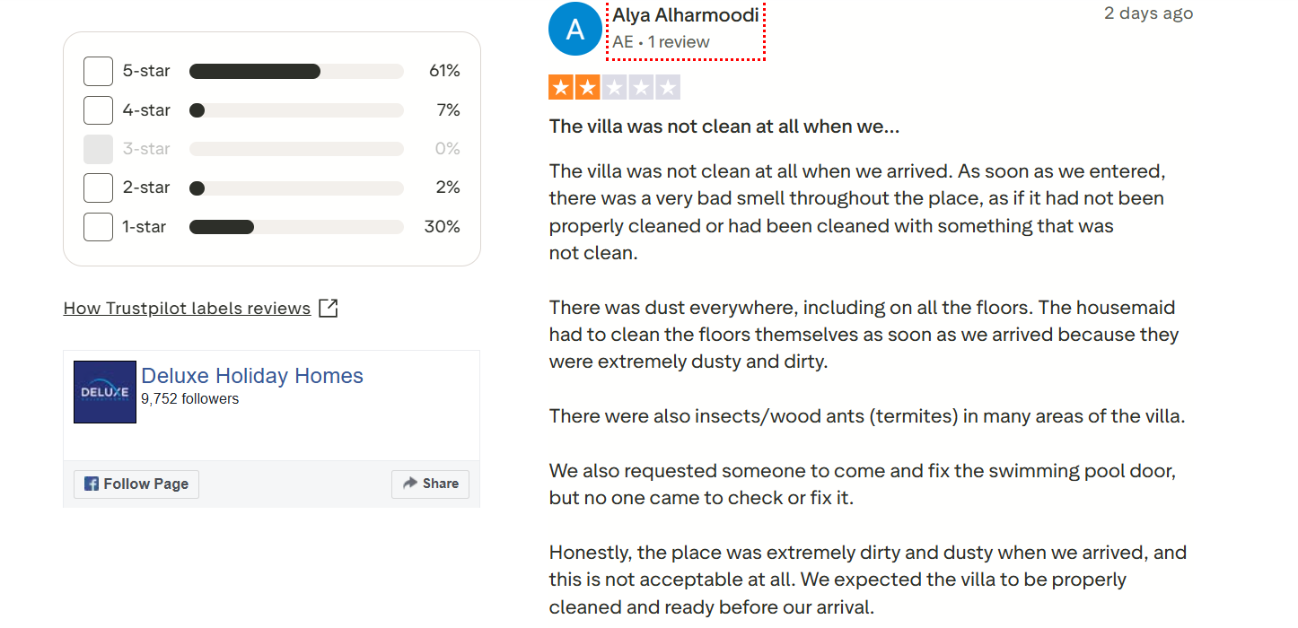 deluxe holiday homes Dubai bad review reporting a dirty villa, dust, insects and an unresolved swimming pool door issue on arrival.
