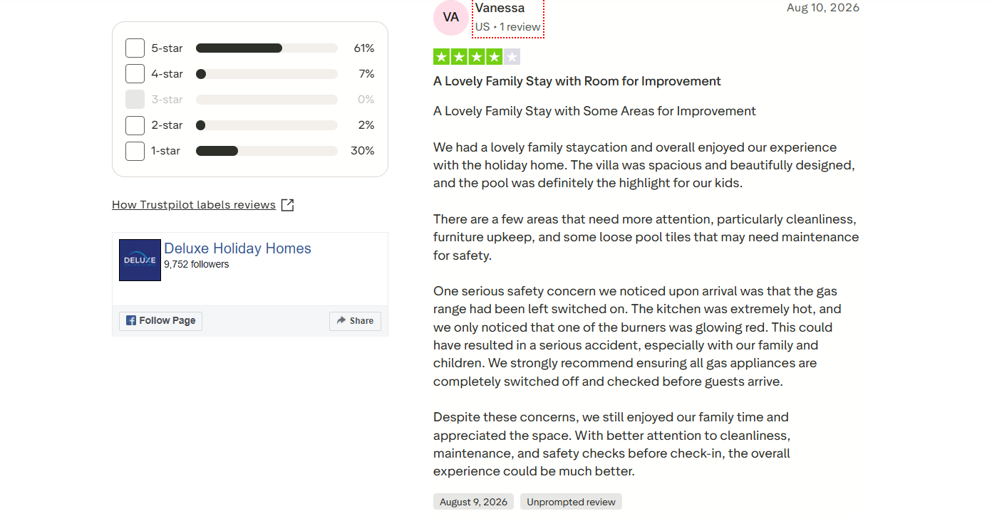 deluxe holiday homes Dubai review about safety concern