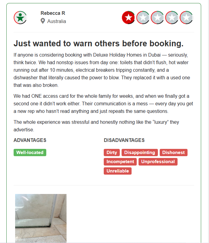 Guest review of Deluxe Holiday Homes in Dubai reporting repeated maintenance, access and communication issues during a stay.