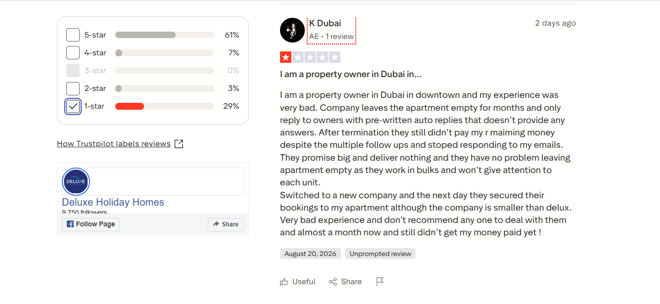 Bad review - Deluxe Homes - from a Dubai property owner reporting unpaid money after termination, poor communication and concerns about property management.