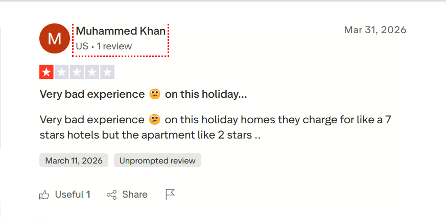 One-star guest review of Deluxe Holiday Homes describing a poor holiday-home experience and saying the apartment did not match the price charged.
