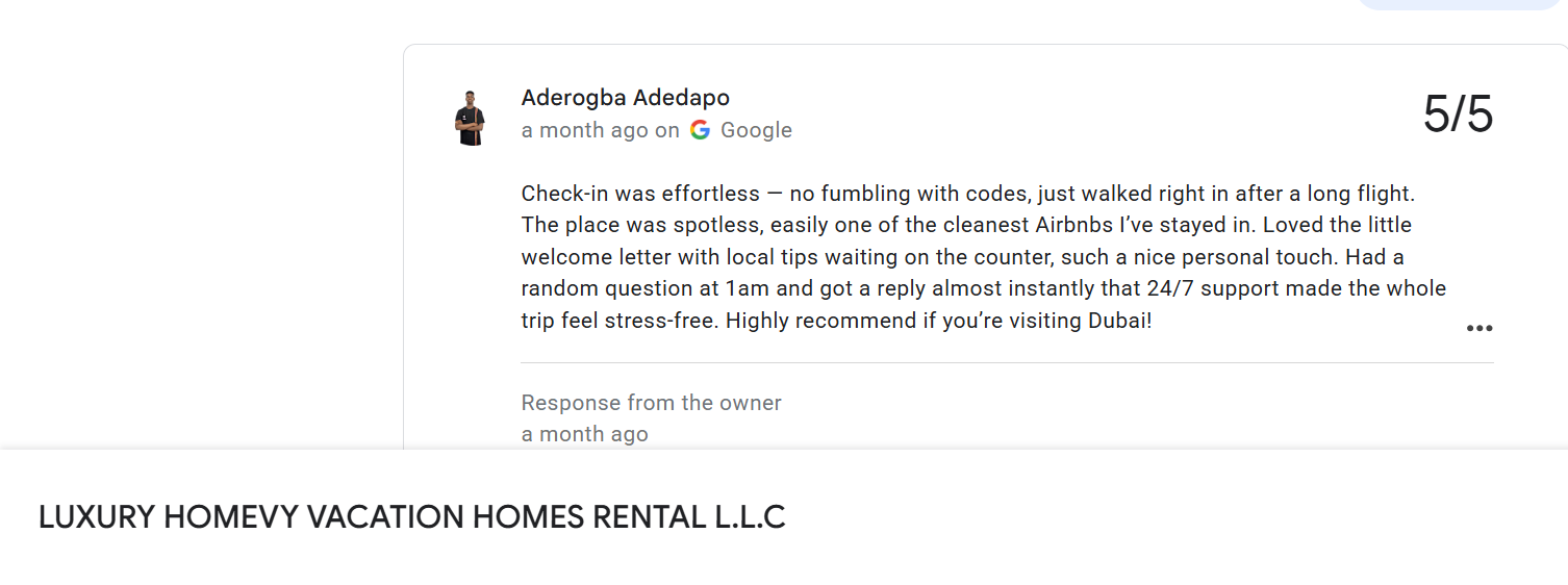 5-star Google review of Homevy praising effortless check-in, cleanliness, a personal welcome letter, local tips and responsive 24/7 guest support.
