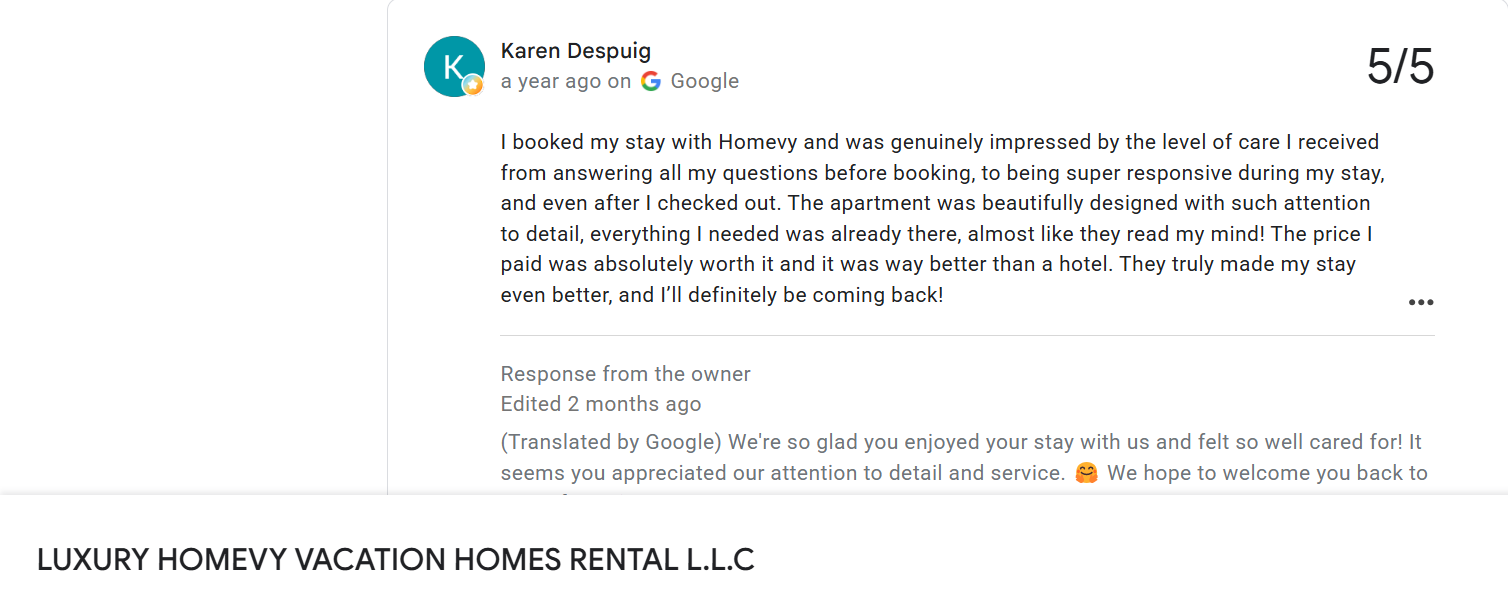 5-star Google review of Homevy praising responsive guest support, thoughtful apartment design, attention to detail and overall value.