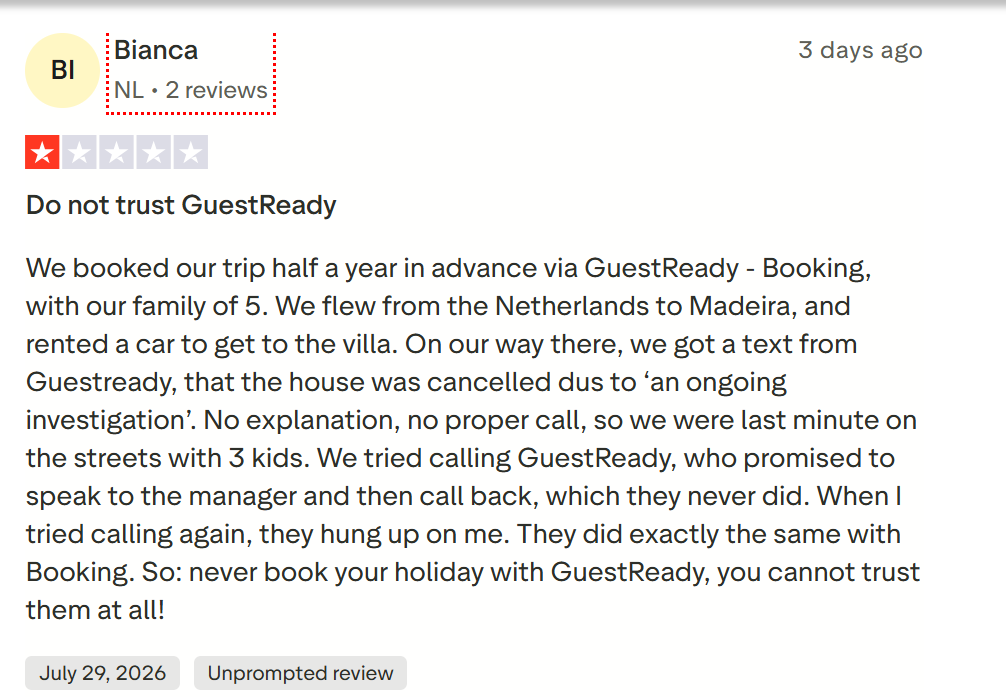 Photo showing a bad guestready reviews