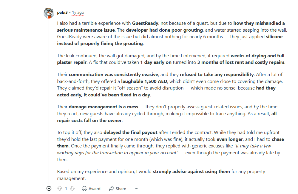 Photo showing a bad property owner guestready review