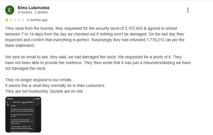 Bad guest review alleging an incomplete security deposit refund and poor communication from Frank Porter