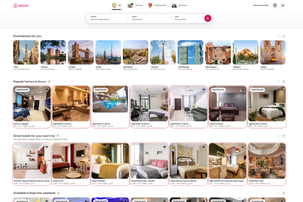Screenshot showing airbnb home page