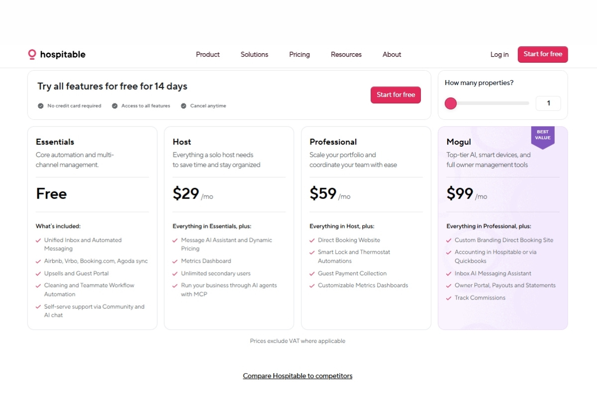 Screenshot from hospitable's pricing